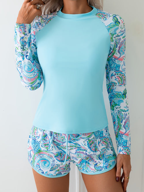 Two-Piece Outfit Featuring a Long-Sleeve Tankini Top And Shorts for Women