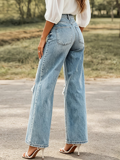 Women's Cool Ripped High-Waisted Straight-Leg Jeans New Streetwear Casual Pants Stretch Washable Fabric Comfortable And Versatile with Pockets Perfect for Outings Comfortable Year-Round Fit