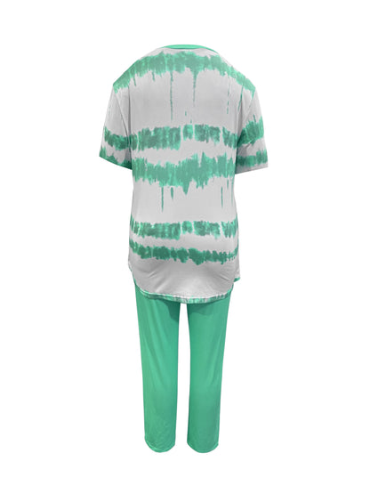 Plus Size, Ladies Plus Size Daily Fashion And Leisure Suit, Horizontal Wavy Striped Printed T-shirt with Short Sleeves And Pocket Trousers, Ladies Elegant Suit.