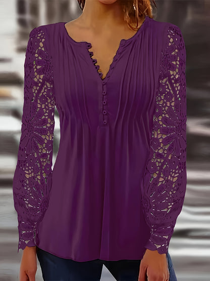 Casual Women'S Clothing in Larger Sizes, Featuring a Comfortable Blouse with Lace Hem Sleeves, a Pleated Design, And a Easy Button-Up T-Shirt Suitable for Home, Leisure, And Outdoor Activities