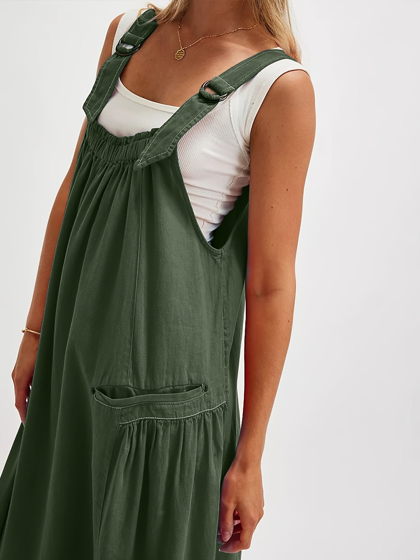 [Loose Midi Dress] Women's Loose Adjustable Strap Midi Overall Dress with Big Pockets in Workwear Style