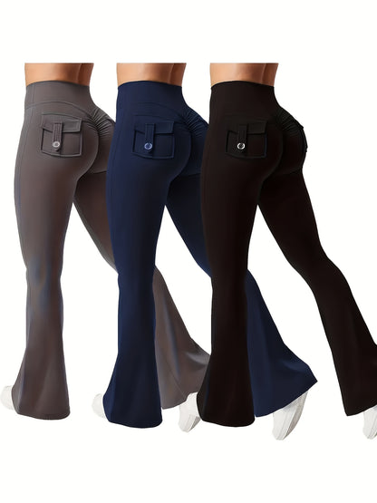 Christmas Apparel, Halloween 3pcs Set in Black, Gray, and Green: Fashionable Workwear-Style Flared Pants, Women's Casual Flared Pants, High-Waist Pocket Joggers, Workwear-Style Peach Butt Pants, Quick-Dry Sports Tummy Control Butt-Lifting Flared