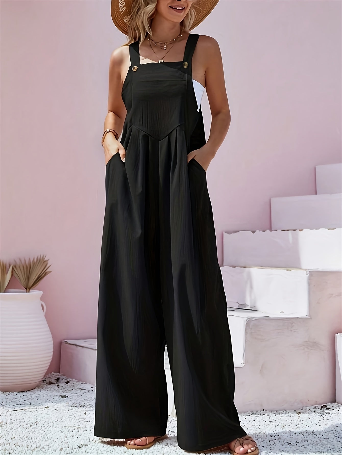 1pc Polyester Women's Sleeveless Cami Jumpsuit Wide Leg Pants, Black Friday/Christmas Wear, Spring/Summer/Fall Casual/Dating, Versatile Machine Washable, Perfect for Summer Vacations, Christmas, Black Friday, Casual Outings, Beach Wear, Parties