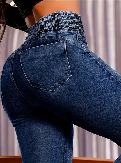 Women'S Stylish High-Waisted Denim Pants with Elastic Waist And Button Closure, Slim Fit with Micro-Flare, Attractive And Suitable for Every Season (Spring, Summer, Fall, And Winter)