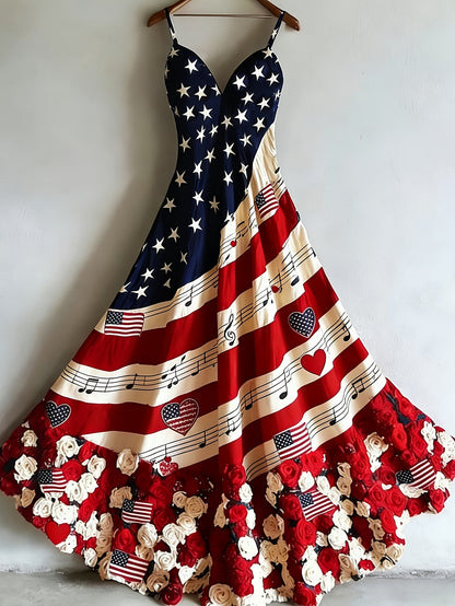 Women's Patriotic Maxi Dress - A-Line Silhouette, Suitable for Vacation, Leisure & Beach Outings, Loose Fit, National Flag Pattern, Sleeveless, V-Neck, Red National Flag Design with Built-In Cups