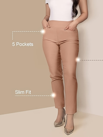 Slim Fit High-Waisted Pants for Women Featuring Five Pockets, Designed for Easy Pull-On Wear, Suitable for Work Or Casual Office Settings