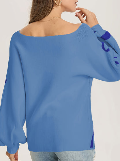 Random Pattern Boat Neck Pullover Sweater, Casual Lantern Sleeve Loose Sweater, Women's Clothing
