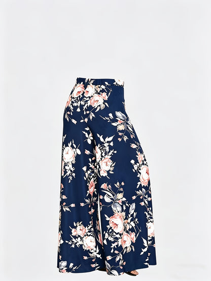 Plus Size - New Women'S Solid Color Top And Printed Pants Chiffon Fashion Style Set Top And Pants Two Piece Set