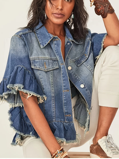 Designer Style Pleated Loose Cuffs And Loose Hem Denim Jacket