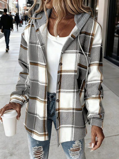 Women's Black and White Checkered Hooded Shirt Jacket, a Popular Warm Outfit for Autumn and Winter. Perfect for Casual and Layered Looks, Autumn/winter Women's Clothing | Women's Apparel, Local Warehouse Discount