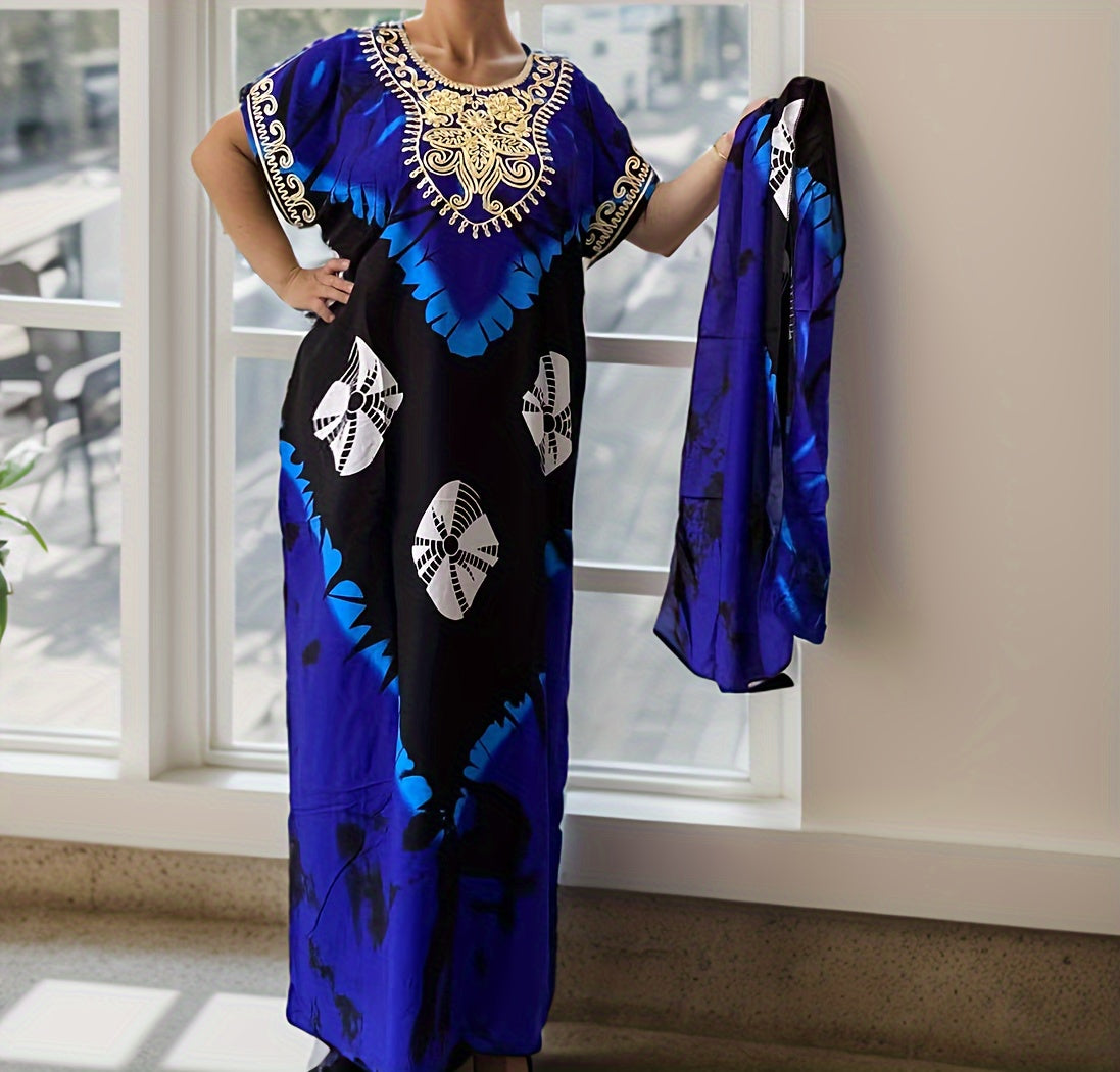 Elegant Ramadan Kaftan Dress: Middle Eastern Women's Long Sleeve, Floral Print, Rayon/Viscose, Seasonal, Straight Cut,, Sari Style, Suitable for All Seasons