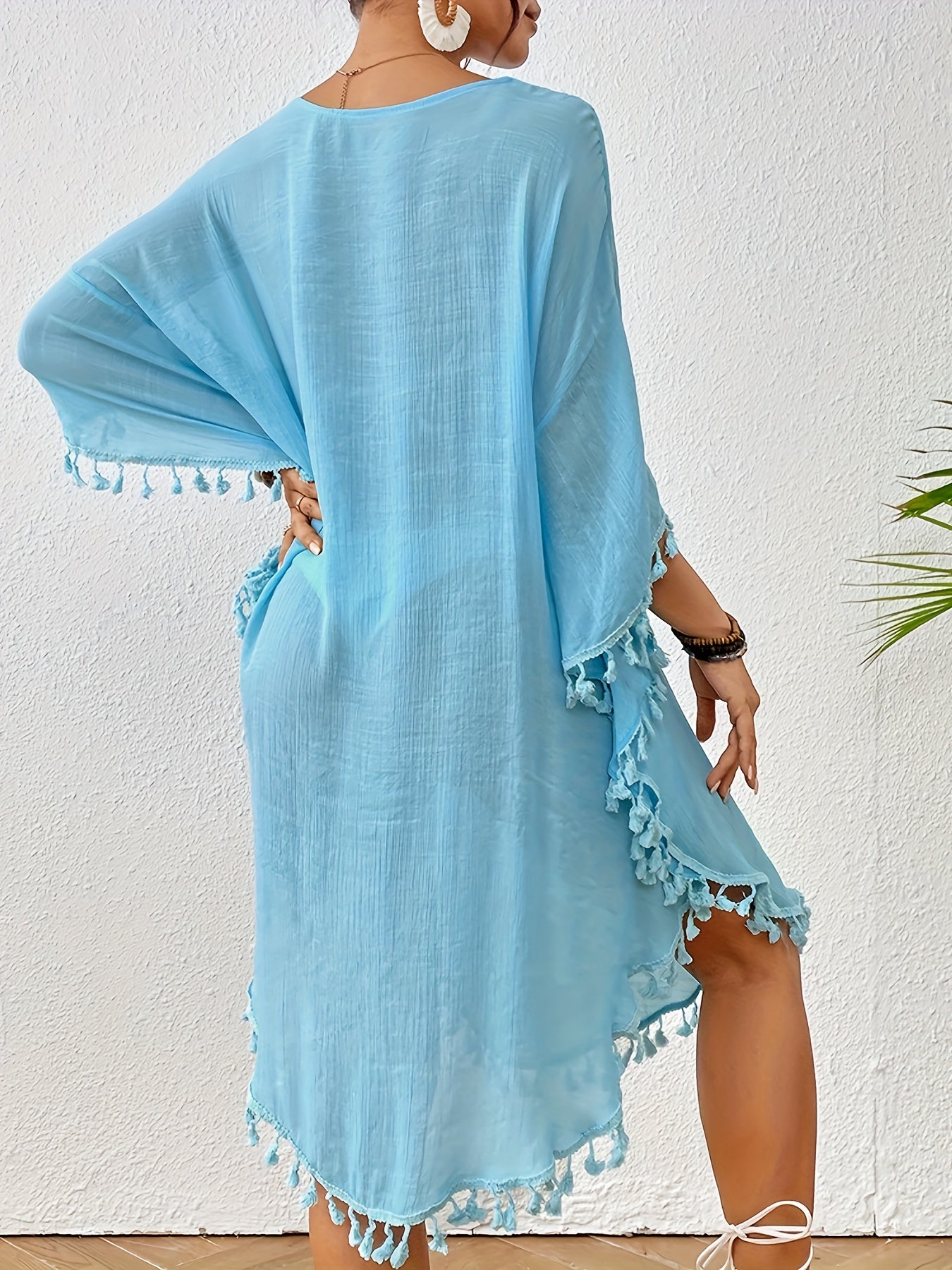 Women's Sexy Crochet Batwing Sleeve Tassel Hem Top - Black Hollow Out Design, Resort Wear Beach Cover-Up, Lightweight Polyester, Perfect for Spring & Summer