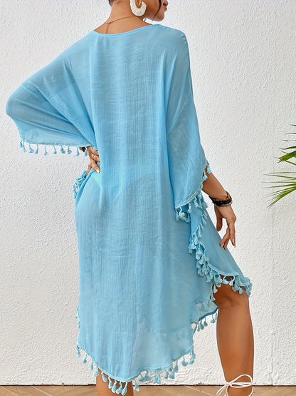 Women's Sexy Crochet Batwing Sleeve Tassel Hem Top - Black Hollow Out Design, Resort Wear Beach Cover-Up, Lightweight Polyester, Perfect for Spring & Summer