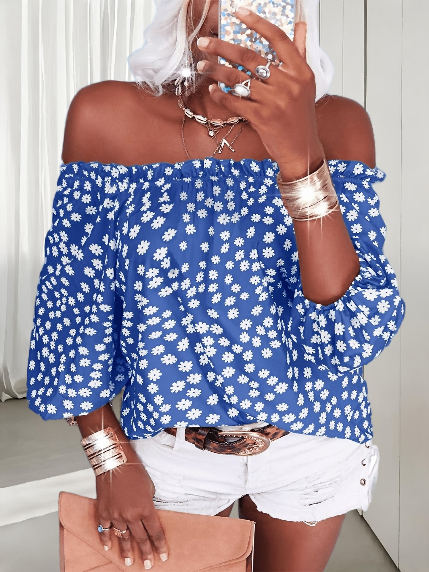 Womens Summer Off Shoulder Blouse Floral Print 3/4 Sleeve Casual Chiffon Tops Shirts