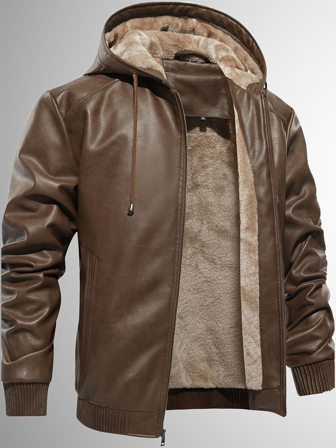 Men's Sherpa Lined PU Leather Jacket Warm Winter Hooded Motorcycle Jacket High Quality And Windproof Leather Biker Jacket Drawstring