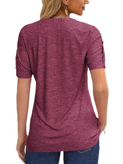 Casual Short-Sleeve T-Shirt for Women, Featuring a Pleated Design And V-Neck in Solid Colors, Perfect for Summer