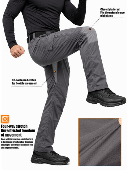 Men's Ripstop Work Pants, Durable Stretch Trail Trousers with Lightweight Breathable Comfort, Quick Dry Training Cargo Pants, Wear-Resistant Construction and Functional Multi-Pocket Design for Outdoor Travel, Camping and Trekking, Grey