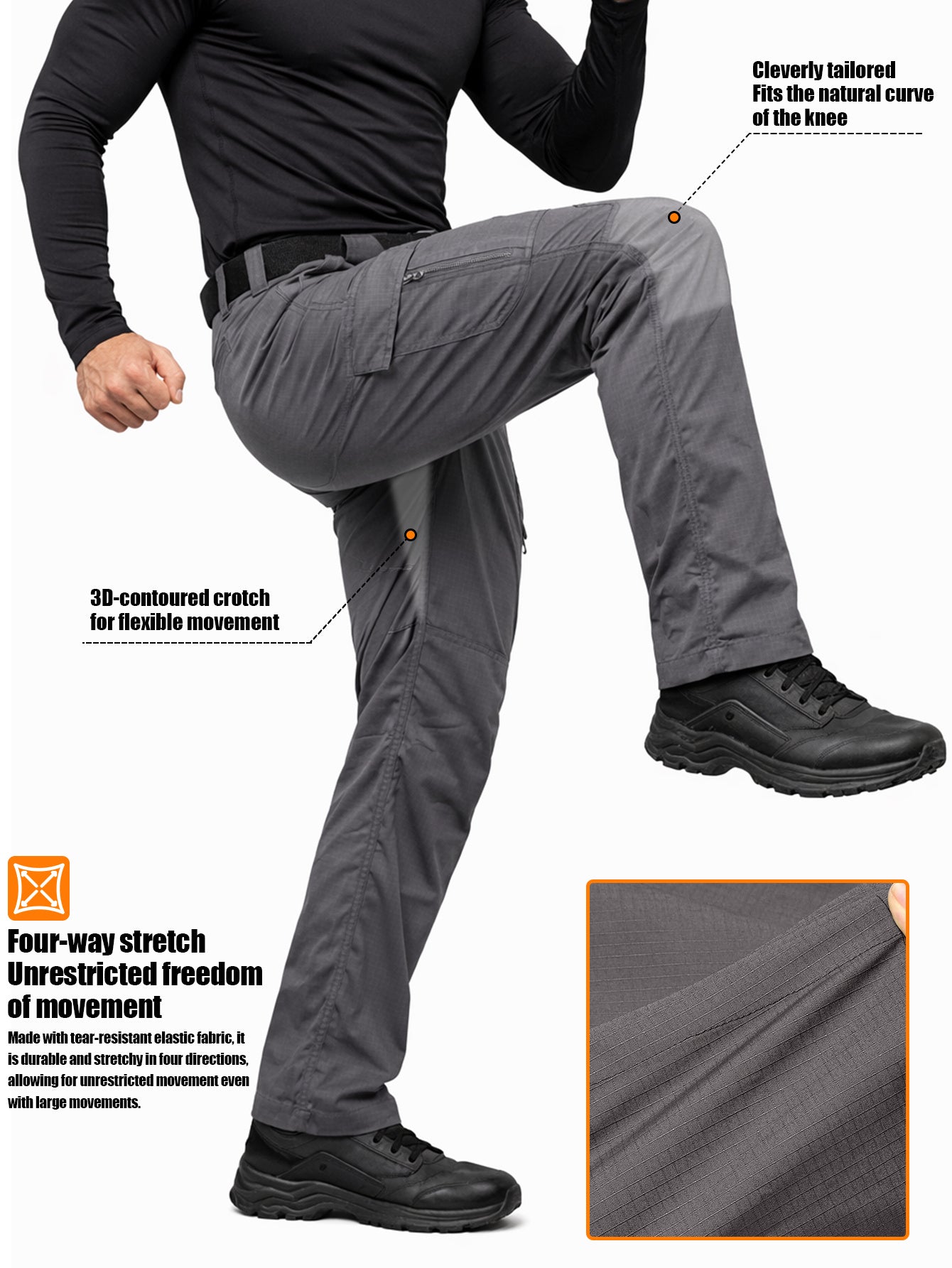Men's Ripstop Work Pants, Durable Stretch Trail Trousers with Lightweight Breathable Comfort, Quick Dry Training Cargo Pants, Wear-Resistant Construction and Functional Multi-Pocket Design for Outdoor Travel, Camping and Trekking, Grey