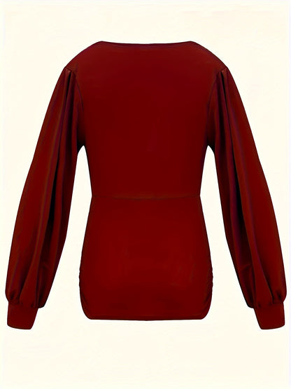 Spring&Summer Women'S Tops Elegant Long Sleeve Wine Blouse - Slim Fit, Cross V-Neck, Balloon Sleeves, Christmas Wear In Burgundy