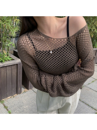 1pc, Hollow Round Neck Loose Sweater, Sunscreen/Commuting, Women Who Prefer Loose Casual Style, Women'S Top, Shoulder Sleeves And Loose Version, Versatile Sunscreen Blouse