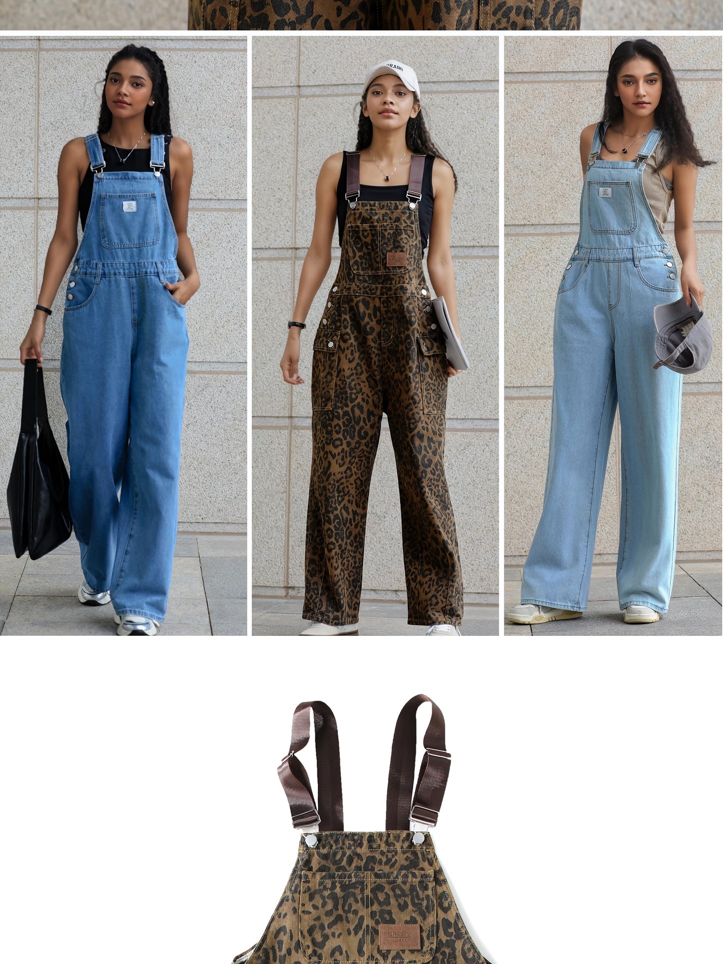 Fashion Multi-pocket Leopard Print Loose Denim Jumpsuit, Retro Old Trend Straight Wide-leg Pants Suitable for All Seasons.