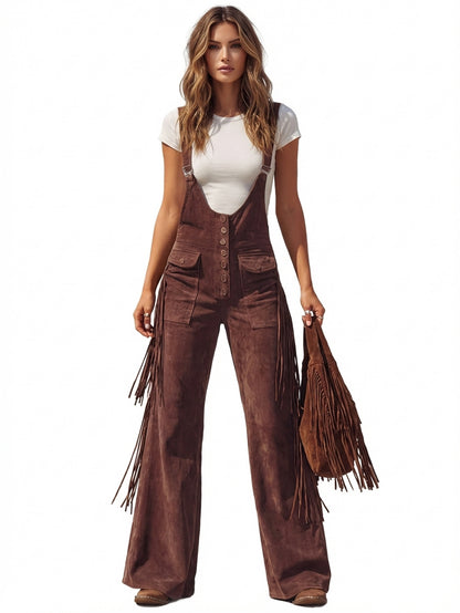 Vintage Fringe Detail Overalls, Loose Wide Leg Design, Fashion Youthful Casual Style, Daily Outing Travel Outfit, Versatile Multi-Occasion Wear