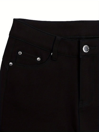 Women's High-Waisted Stretch Street Style Solid Black Skinny Fashion Metal Button Detail Casual Jeans