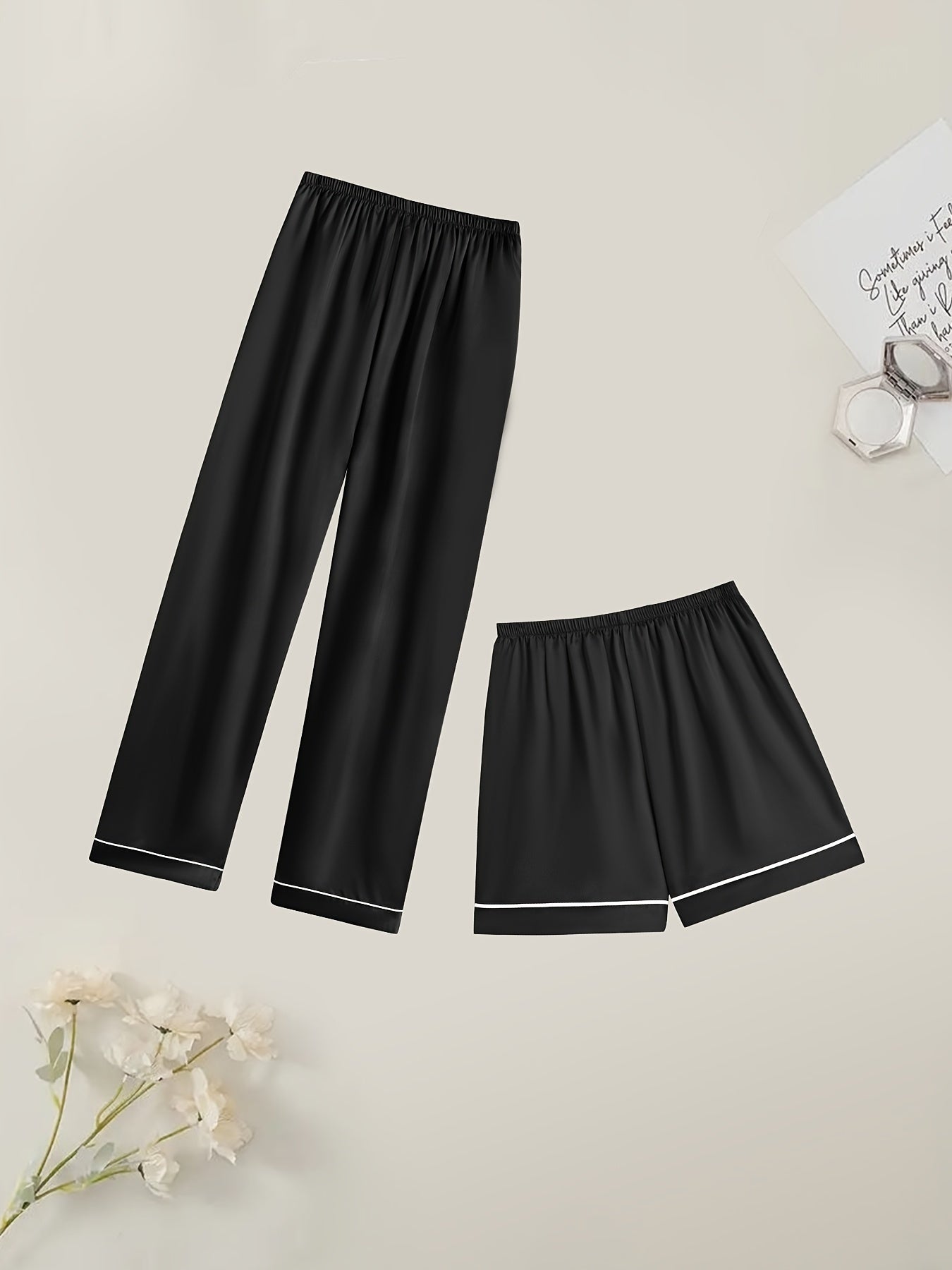 Women'S Solid Satin Casual Pajama Set, Short Sleeve Buttons Lapel Top & Shorts & Pants, Comfortable Relaxed Fit