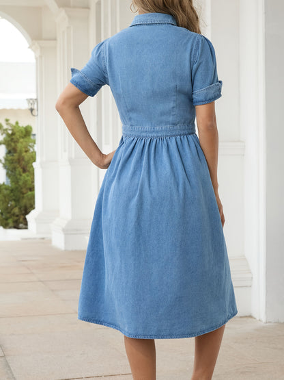 Women'S Casual Denim Midi Dress - Short Sleeve, Button-Up Shirt Style with Pockets, Flattering A-Line Cut, Light Blue Blend Fabric, Perfect for Spring And Fall