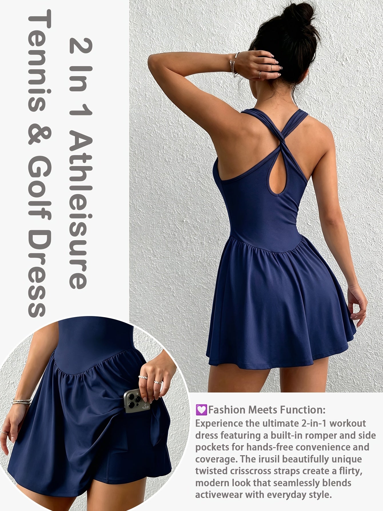 Womens Sleeveless 2-in-1 Athletic Tennis Golf Dress, Underneath Workout Dresses With Built-in Shorts Pocket, Workout Jumpsuits For Women Tummy Control With Double Lined Outfits.