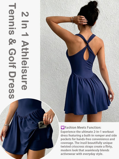 Womens Sleeveless 2-in-1 Athletic Tennis Golf Dress, Underneath Workout Dresses With Built-in Shorts Pocket, Workout Jumpsuits For Women Tummy Control With Double Lined Outfits.