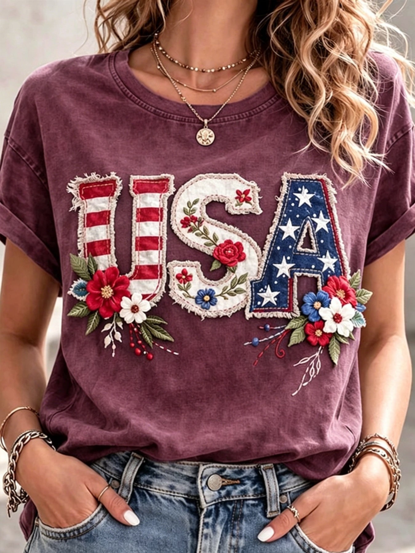 USA 250Th Anniversary Women'S Independence Day Patriotic T-Shirt, 2D Print Casual Short-Sleeve Crewneck Tee for July 4Th Celebrations