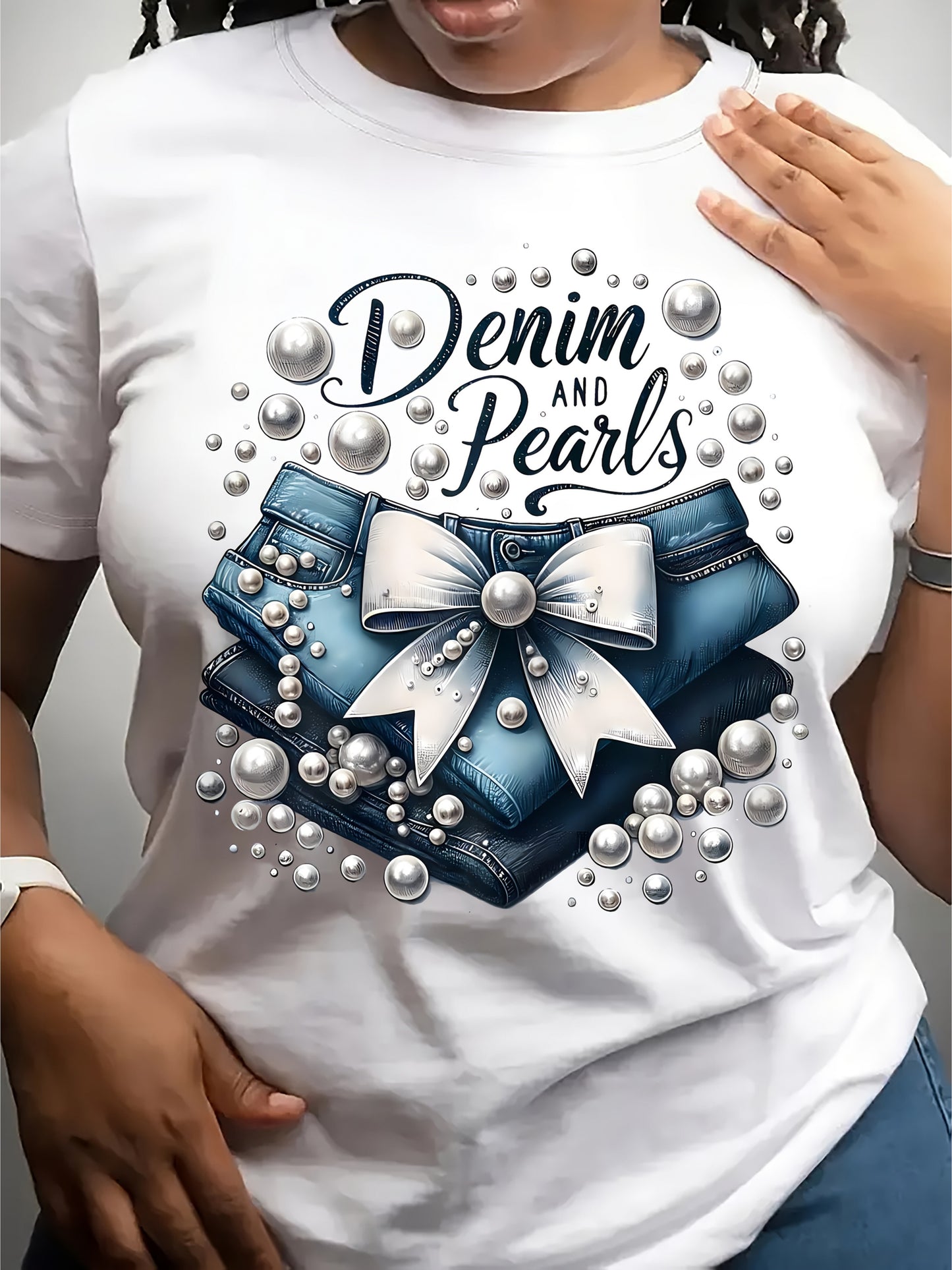A Basic Short-Sleeve T-Shirt Featuring a Denim And Pearl Design, Made from Soft, Breathable Fabric Suitable for All Seasons. This Women'S Casual Top Is Durable, Machine Washable, And a Must-Have for Outings