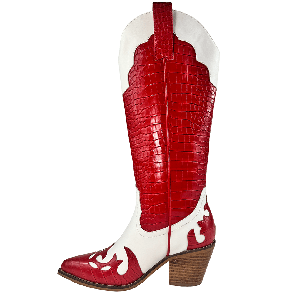 ARiderGirl Pamela Women's Western Cowboy Knee-High Boots Crocodile Printed Chunky Stacked Heel Pointed Toe Boots