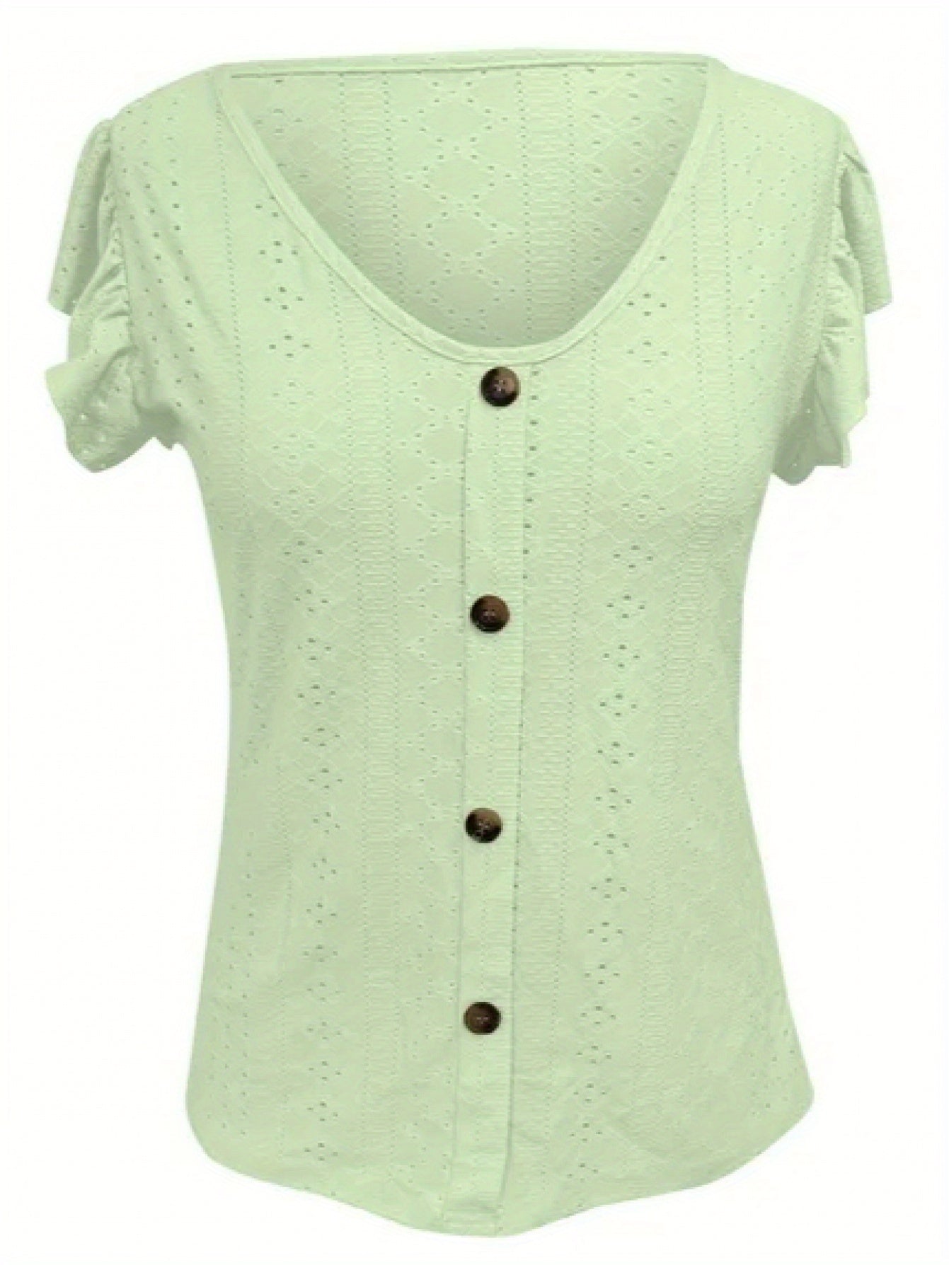 Women's Elegant V-Neck Ruffled Short Sleeve Top with Decorative Buttons, Casual Eyelet Embroidered Jacquard T-Shirt for Spring& Summer, Women's Clothing
