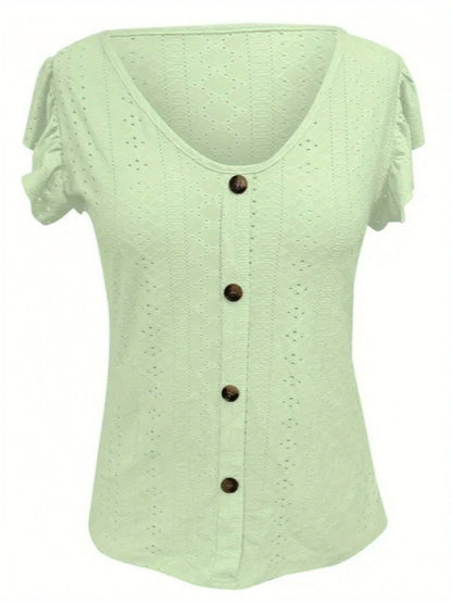 Women's Elegant V-Neck Ruffled Short Sleeve Top with Decorative Buttons, Casual Eyelet Embroidered Jacquard T-Shirt for Spring& Summer, Women's Clothing
