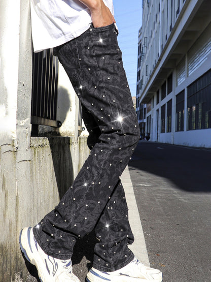 Y2K Men's Shiny Rhinestone Embellished Stretch Slim-Fit Jeans, Casual Street Style Hip-Hop Skateboarding Rap Pants, Machine Washable - All-Season Wear
