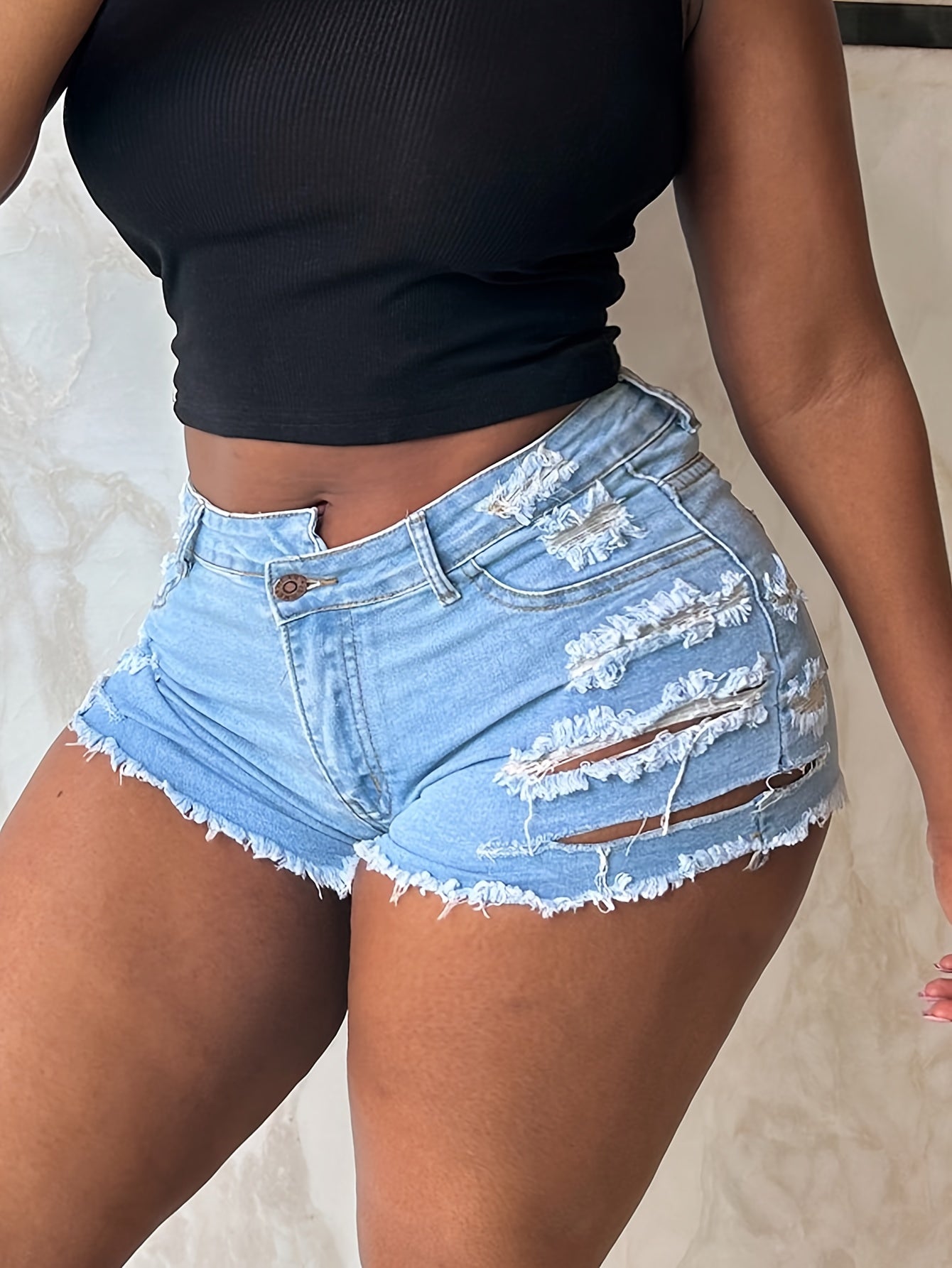 Ripped Raw Hem Denim Shorts, Distressed Washed Blue Denim Shorts, Women's Denim Jeans & Clothing