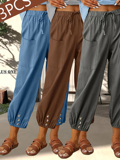 3-Pack Women'S Loose Casual Pants, Solid Color Linen Blend Wide-Leg Trousers With Pockets, For Daily Commute & Casual Wear