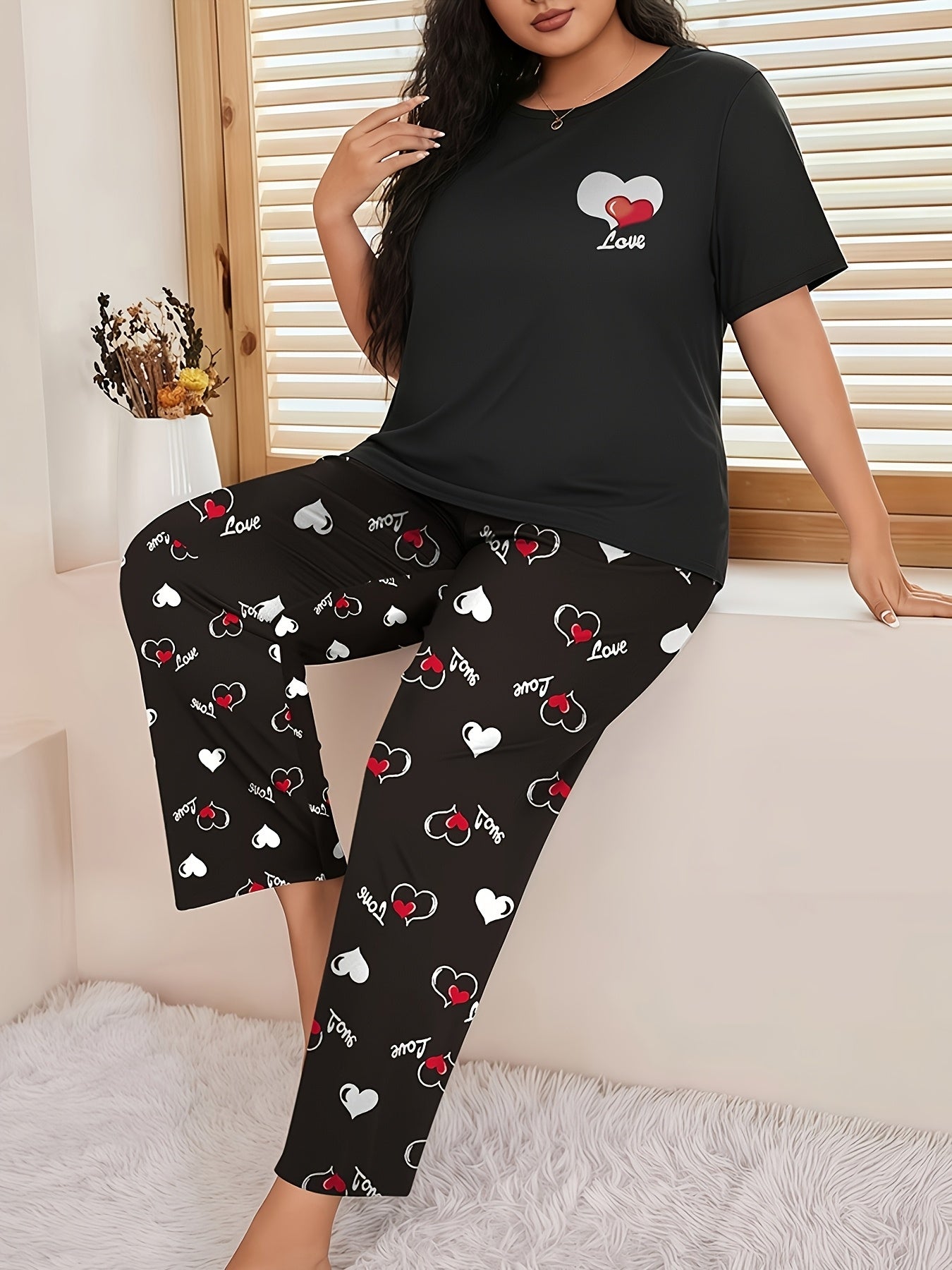 [6pcs Pajama Set] 6pcs Large-Sized Women's Casual Home Wear | Summer Short-Sleeved Crew Neck Top And Tartan Long Pants Pajama Set, Slight Stretch Fabric, All-Season