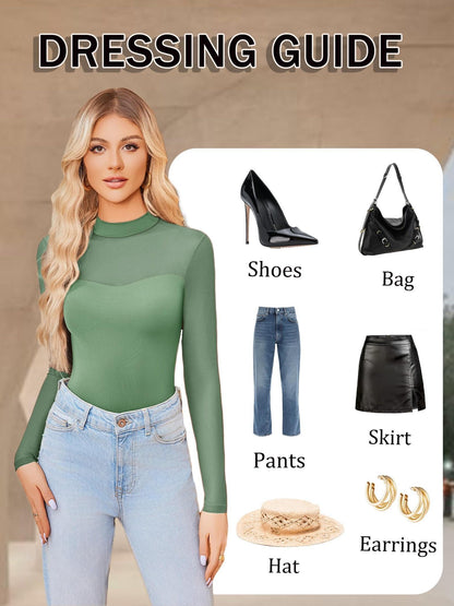 Sexy Mock Turtle Neck Sheer Mesh Long Sleeve Bodysuit Shirts Ruched Body Suit Leotard Tops