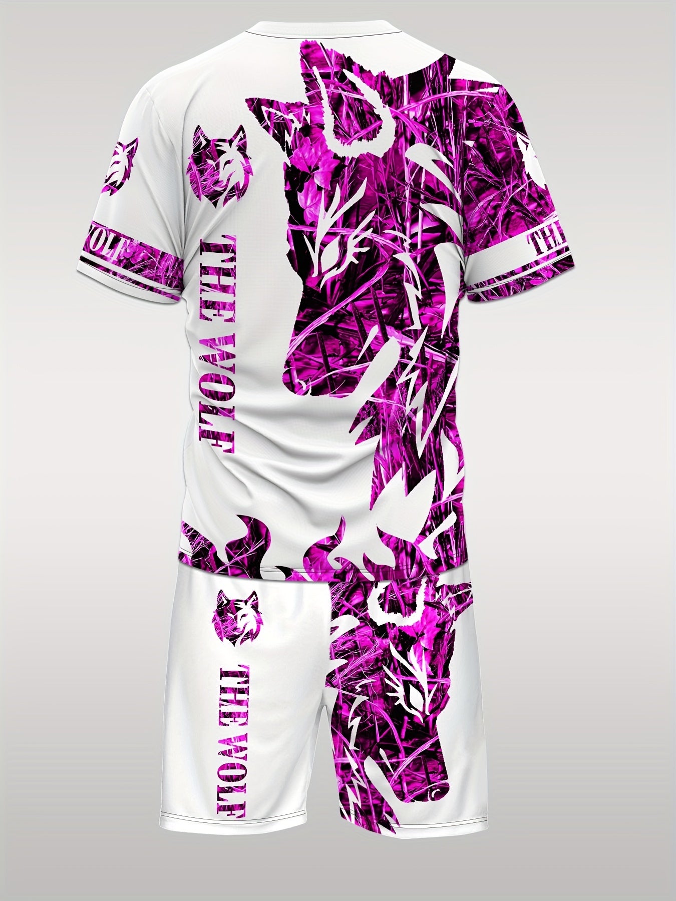 Summer Men's wolf pattern casual round neck short-sleeved T-shirt and shorts 2pcs set, suitable for outdoor activities