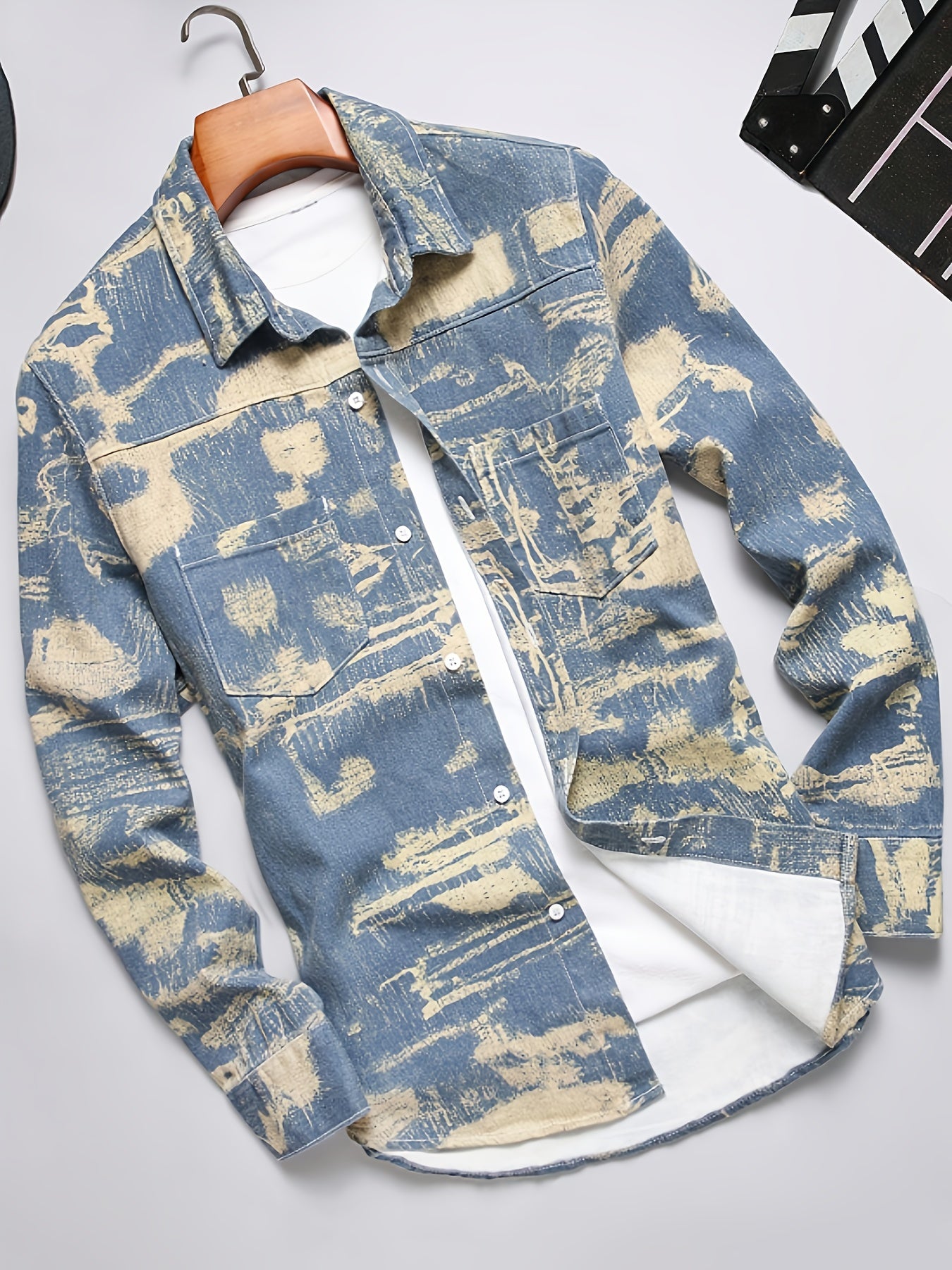 Men's Camo Top Denim Shirt Long-sleeve Top, Men's Heavy Winter Denim Jacket, Vintage-style Blue Washed Denim Coat