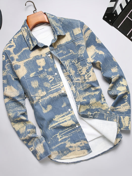 Men's Camo Top Denim Shirt Long-sleeve Top, Men's Heavy Winter Denim Jacket, Vintage-style Blue Washed Denim Coat