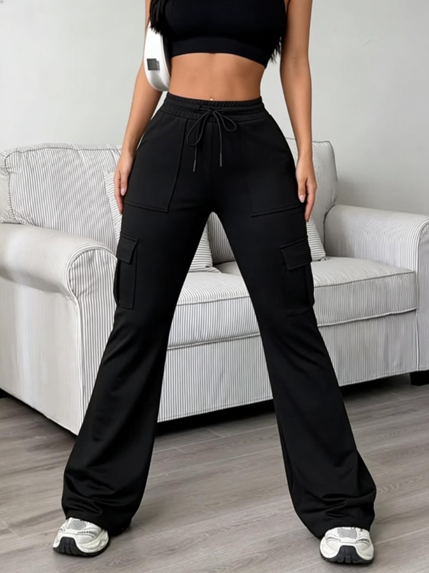 Women'S Solid Color Casual Drawstring Wide-Leg Sweatpants With Pockets, Elastic Waist Micro Flare Cargo Pants, Stretchy Pants For Daily Casual & Wear