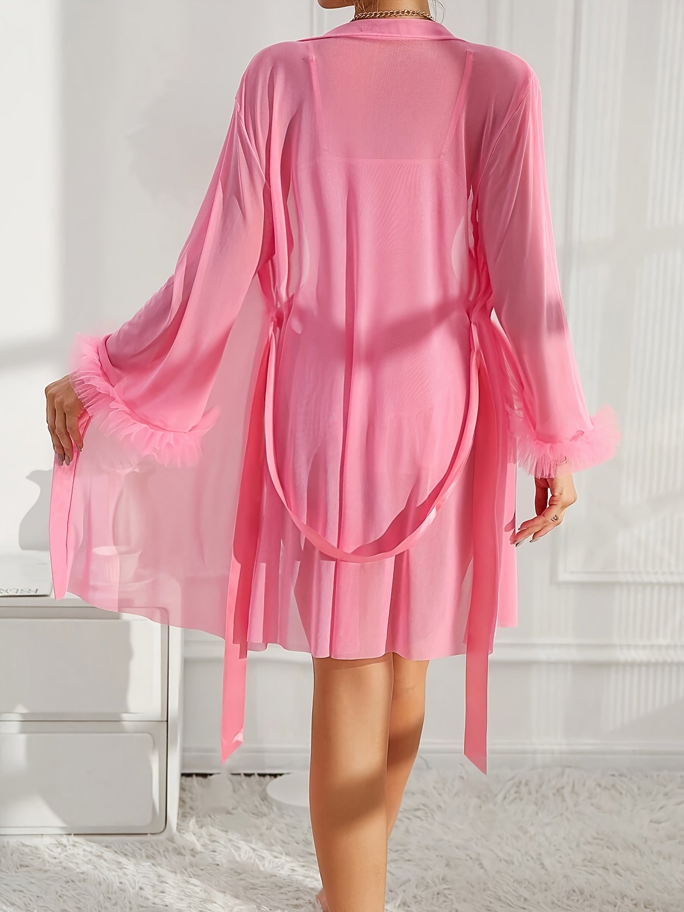 2pcs European And American Sexy Lace Deep V Camisole Dress Sheer Mesh Robe Set, Waist-cinching, Slim-fit Two-piece Set, Elegant Design, Light Luxury, Romantic