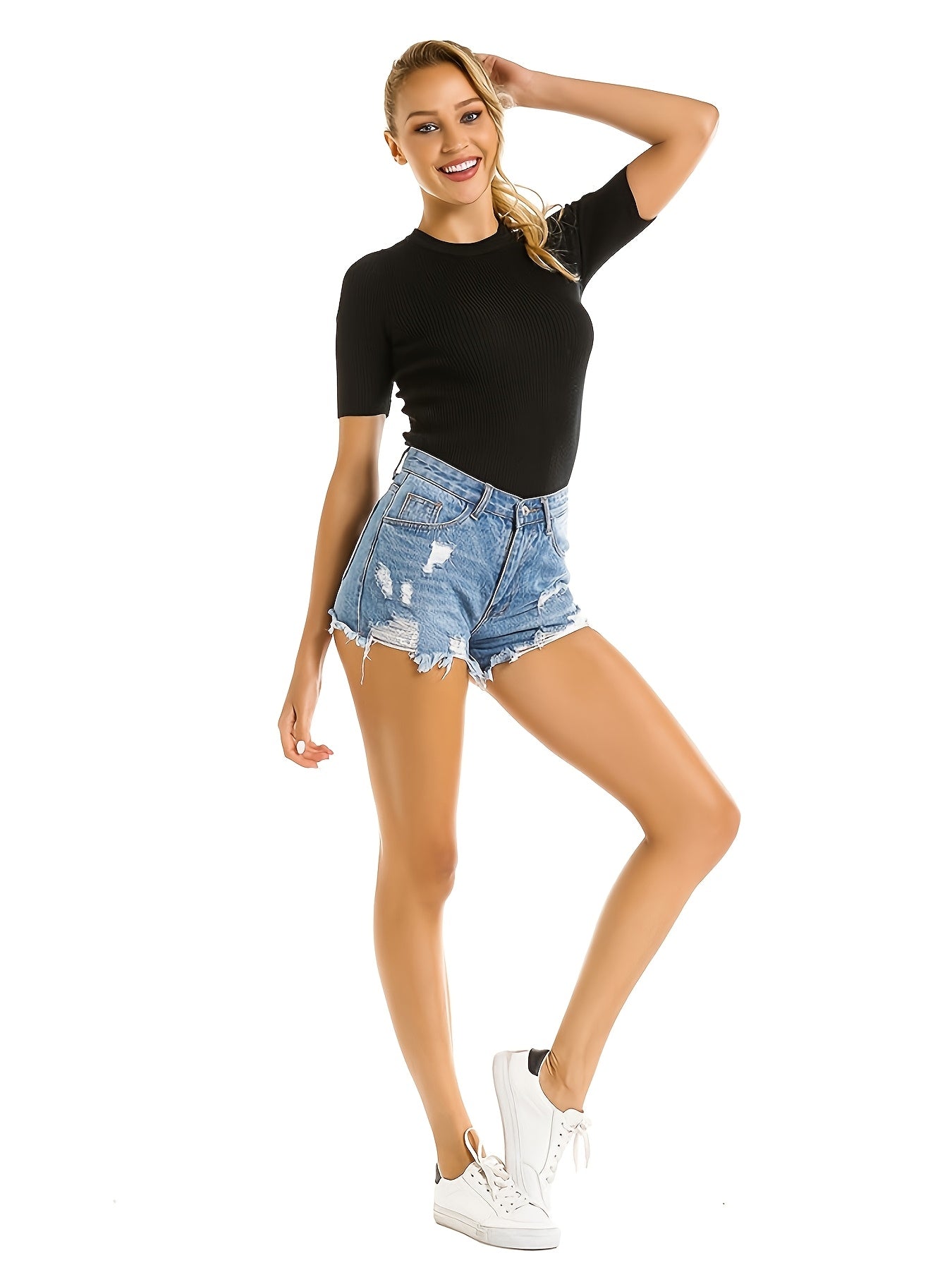 Women's Stylish Blue Denim Shorts with Ripped Detail And Frayed Hem - Mid-Thigh Streetwear for Spring/Summer, Machine Washable, Medium Stretch Fabric, Spring Fashion | Trendy Summer Apparel | Raw Edge Styling, Jean Shorts