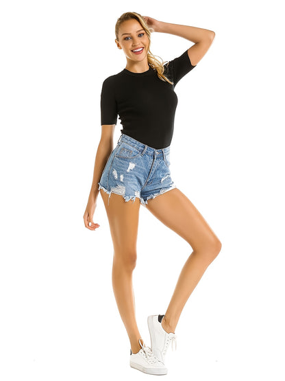Women's Stylish Blue Denim Shorts with Ripped Detail And Frayed Hem - Mid-Thigh Streetwear for Spring/Summer, Machine Washable, Medium Stretch Fabric, Spring Fashion | Trendy Summer Apparel | Raw Edge Styling, Jean Shorts