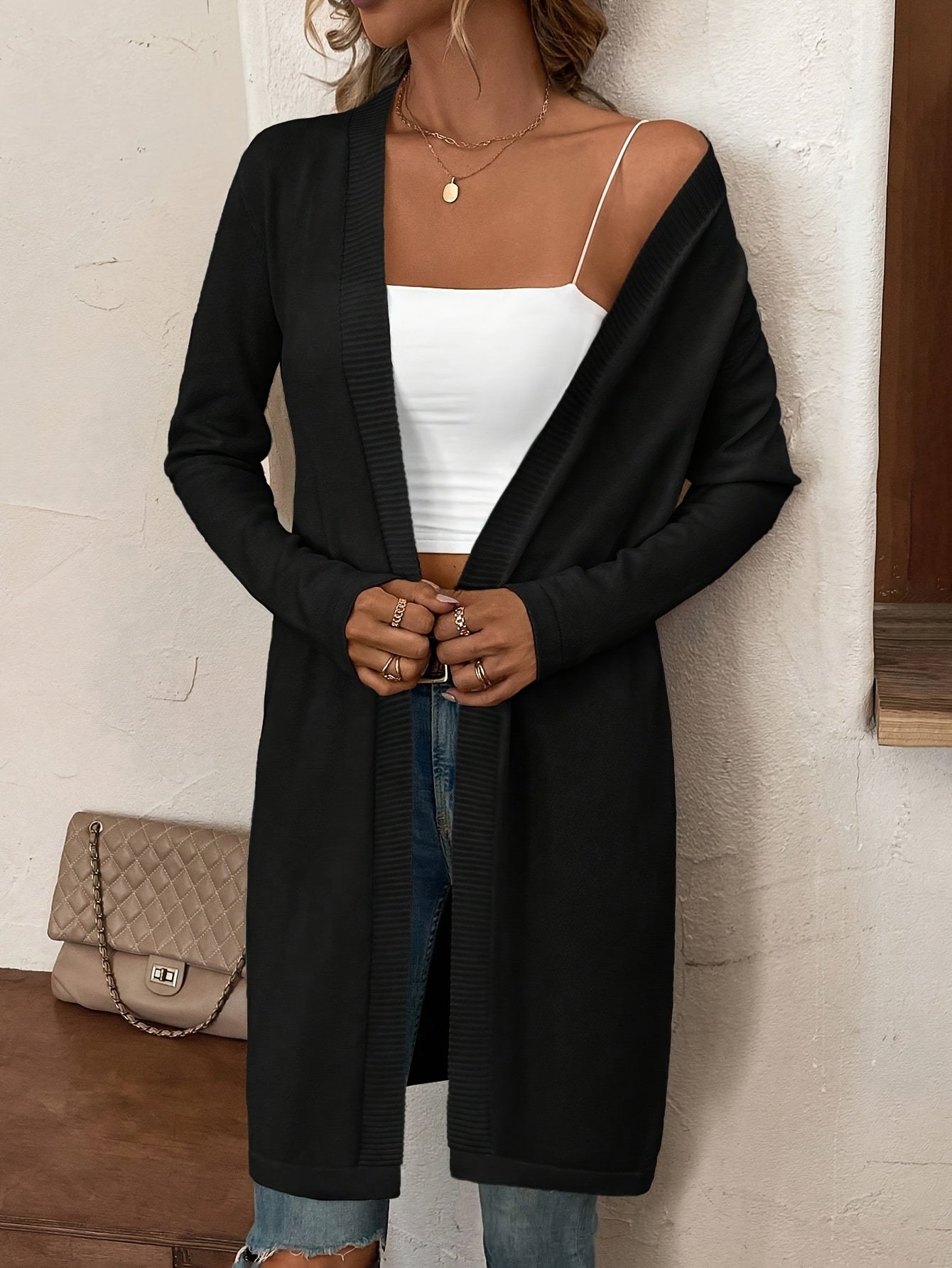 Women's Elegant Long Front-opening Coat - Formal & Everyday Chic Outerwear, Easy-Care Long Sleeve Cardigan for Autumn/Winter, Office, Party, Casual Outfits