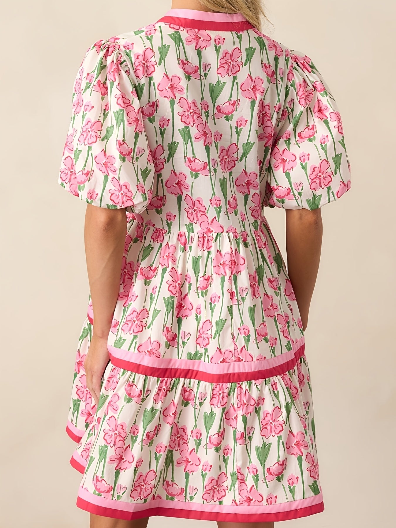 Women'S Summer Floral Mini Dress, Puff Sleeve Short Sleeve V-Neck Loose Bohemian Style Beach Dress, Floral Print